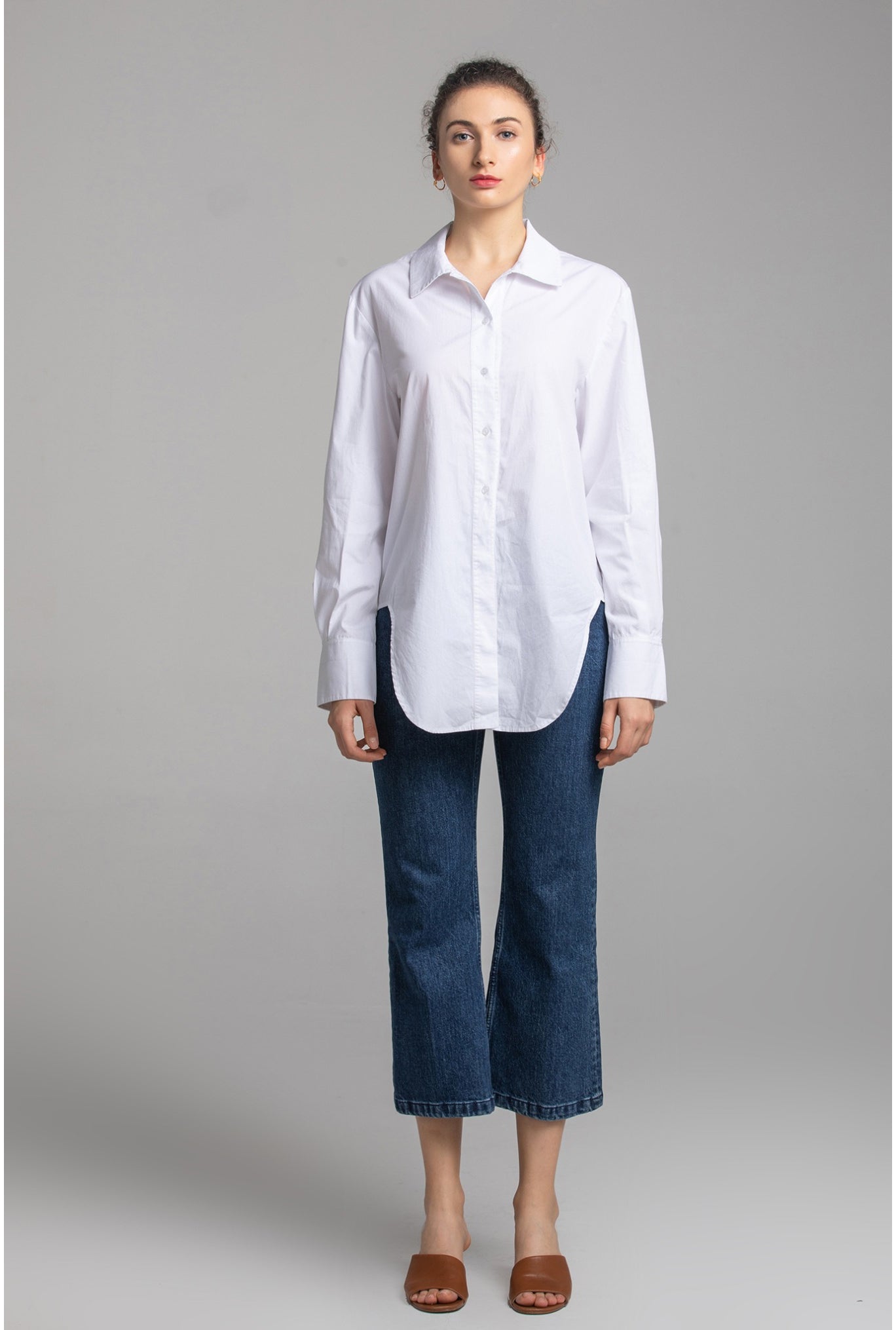 ポプリン ホワイトシャツ|ルーズフィット フライフロント バレルカフス