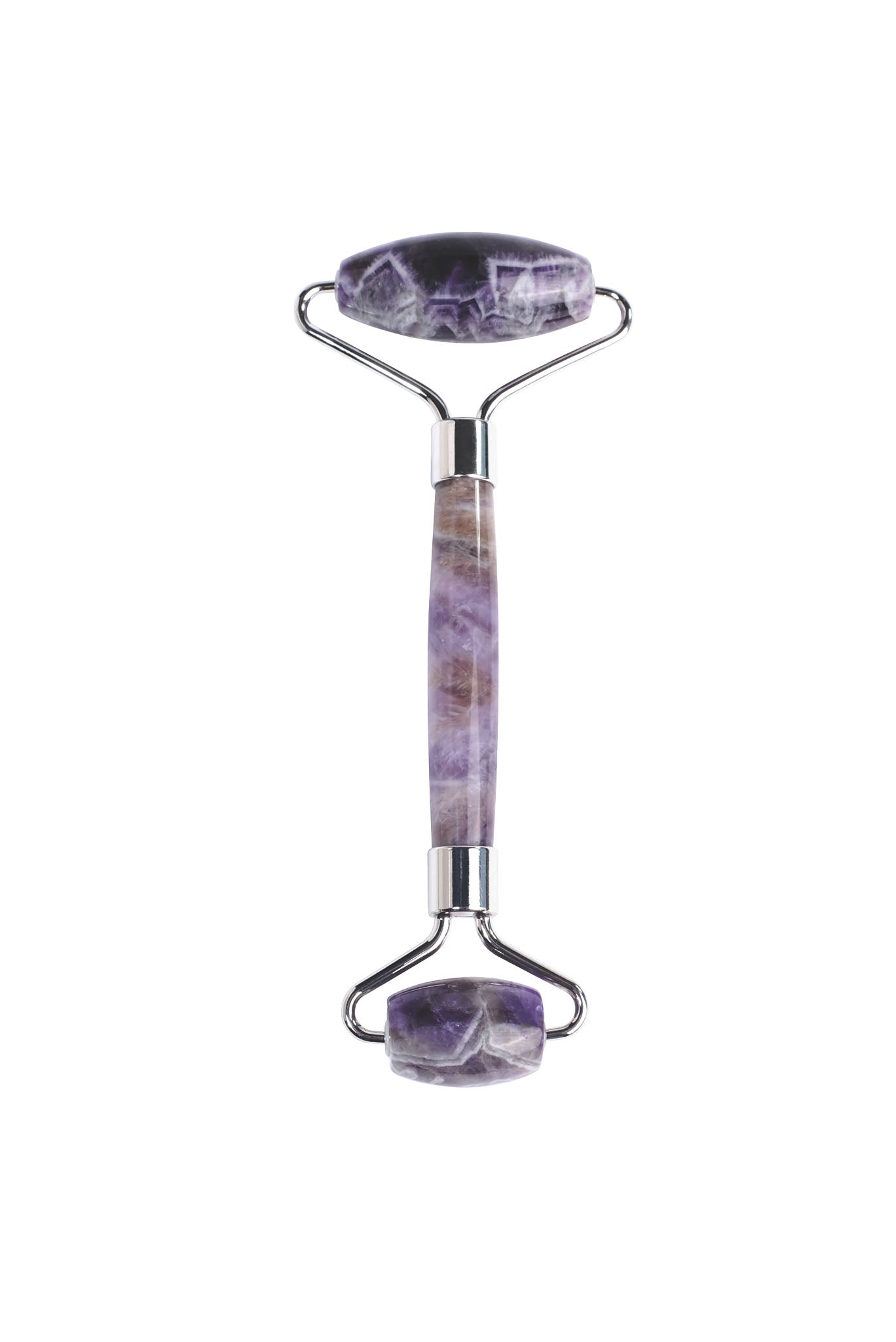 フェイスシャル ローラー パープルクォーツの正面全体画像。大小2つのアメジストローラーが付いた美顔ローラー。