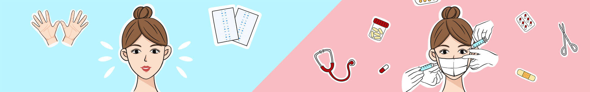 小顔整形と小顔テープを比較するイラストバナー（セルフケアと美容整形の違い）