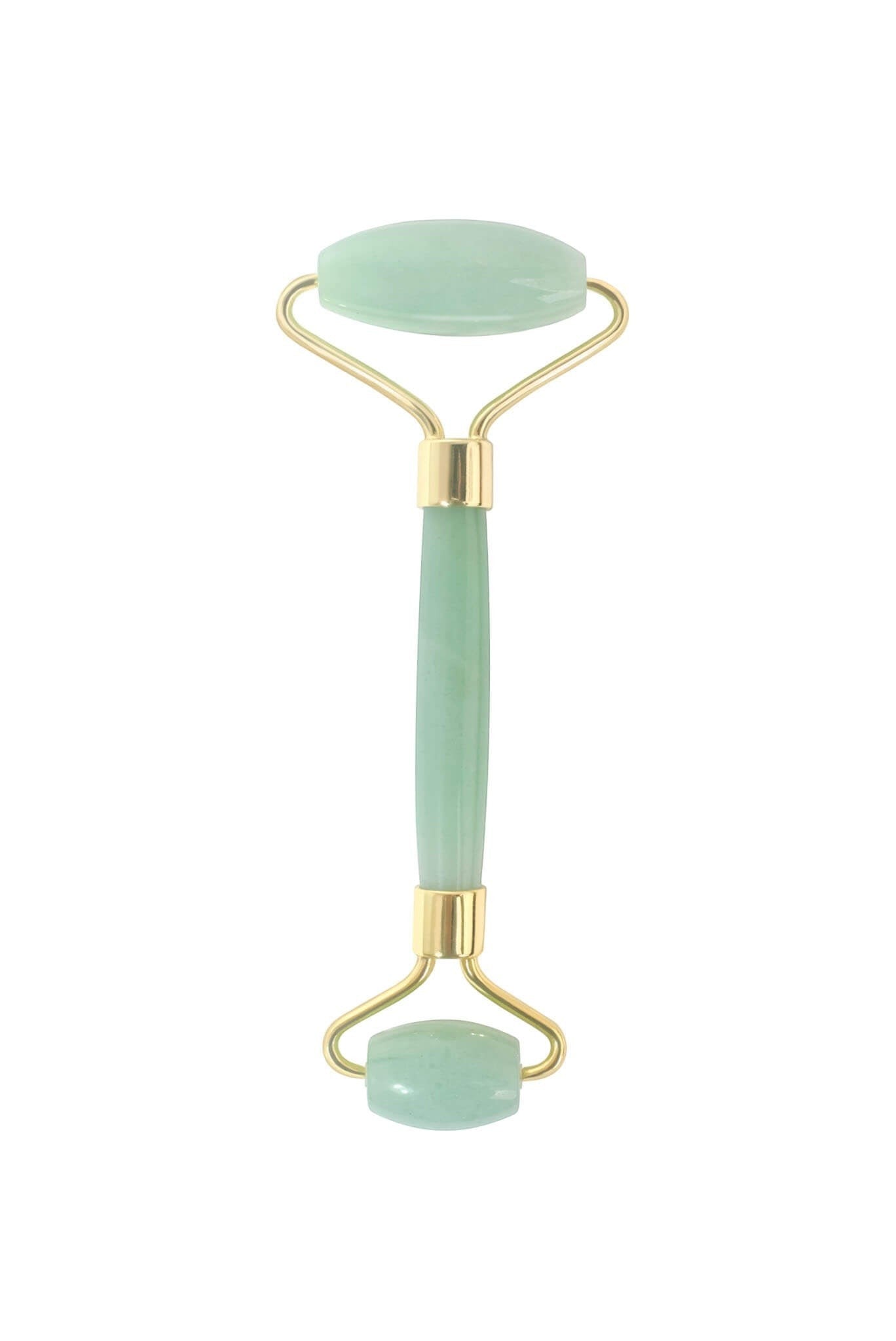 CatMoz jade facial roller with two jade stones and gold accents. Ideal for de-puffing and relaxation.