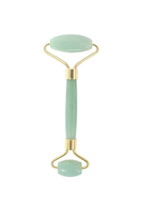 CatMoz jade facial roller with two jade stones and gold accents. Ideal for de-puffing and relaxation.