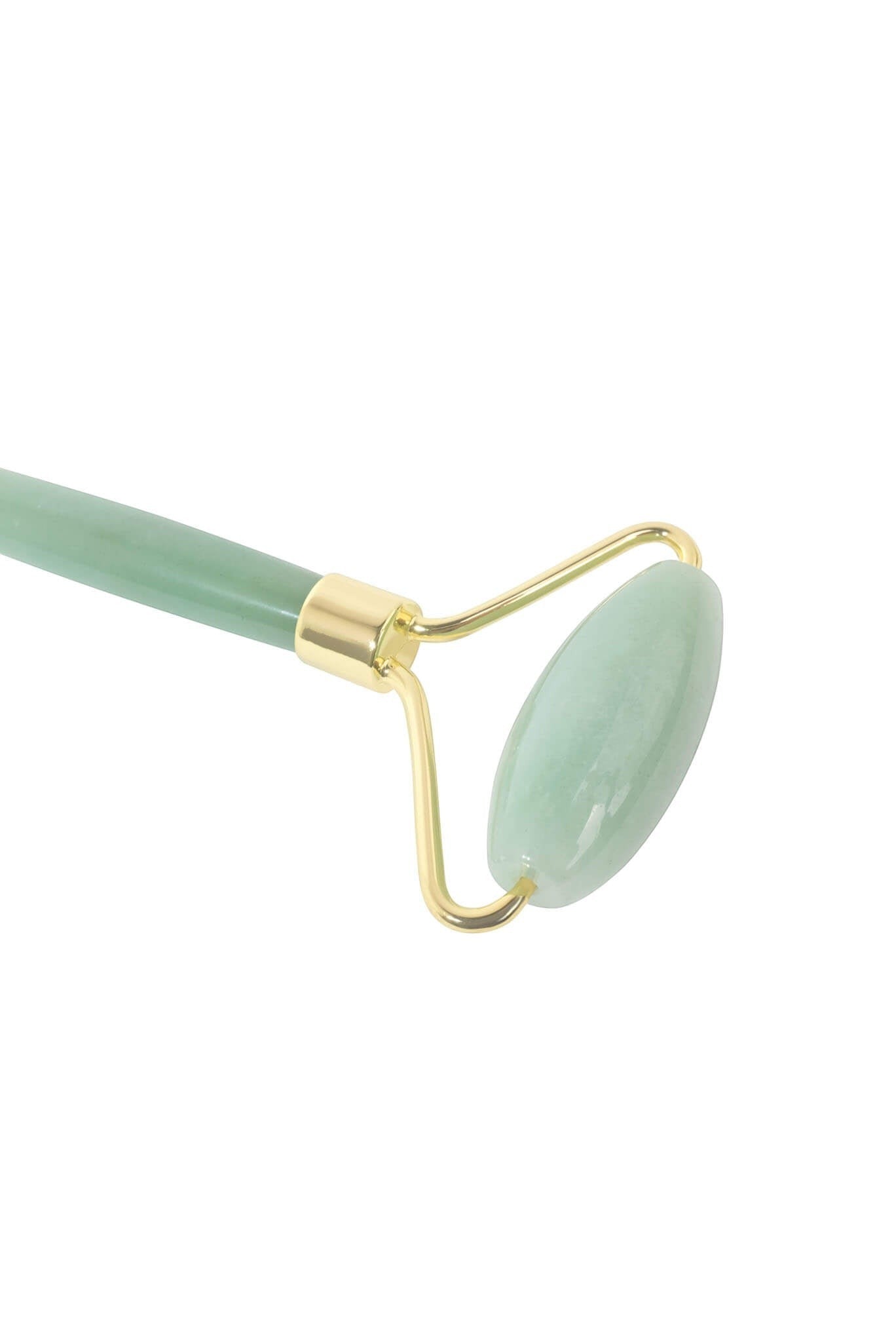 CatMoz jade facial roller with gold hardware, ideal for de-puffing and relaxation.