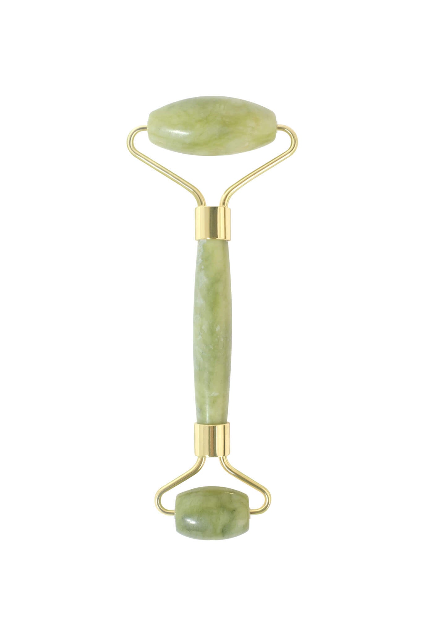 フェイスシャル ジェイドローラーの正面全体画像。大小2つのグリーン翡翠ローラーが付いた美容ローラー。